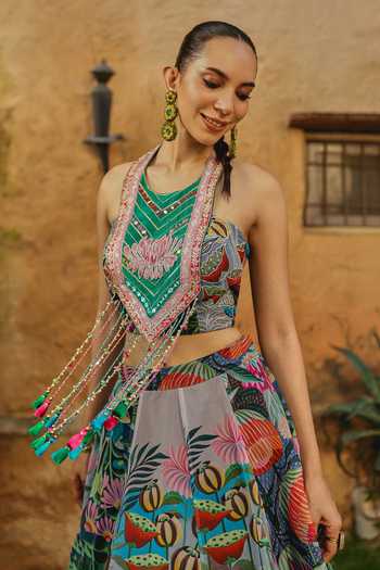 Label Moni K Multi Color Silk, Organza, Chanderi Pm Potpourri Embroidered Skirt And Top Set Online at Aza Fashions Label Moni K_Multi Color Silk, Organza, Chanderi Pm Potpourri Embroidered Skirt And Top Set _Online_at_Aza_Fashions