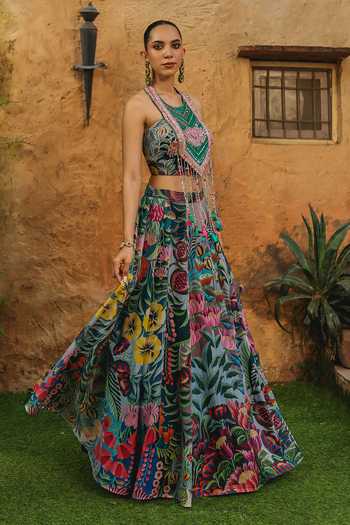 Shop Label Moni K Multi Color Silk, Organza, Chanderi Pm Potpourri Embroidered Skirt And Top Set Online at Aza Fashions Shop_Label Moni K_Multi Color Silk, Organza, Chanderi Pm Potpourri Embroidered Skirt And Top Set _Online_at_Aza_Fashions