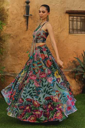 Label Moni K Multi Color Silk, Organza, Chanderi Pm Potpourri Embroidered Skirt And Top Set at Aza Fashions Label Moni K_Multi Color Silk, Organza, Chanderi Pm Potpourri Embroidered Skirt And Top Set _at_Aza_Fashions