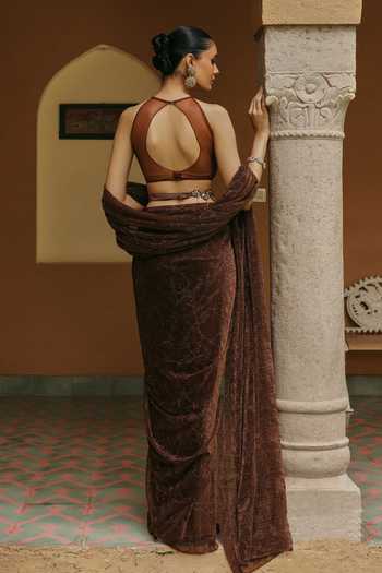 Label Moni K Brownie Pre-Draped Saree With Embellished Blouse 