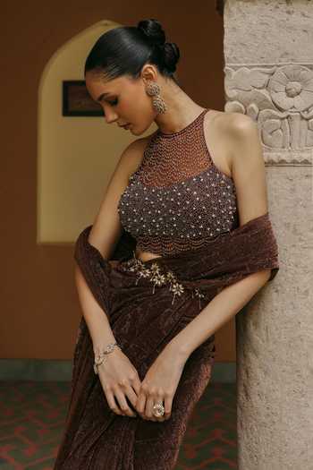 Buy Label Moni K Brown Net, Lycra Halter Neck Pre-draped Saree With Embellished Blouse Online at Aza Fashions Buy_Label Moni K_Brown Net, Lycra Halter Neck Pre-draped Saree With Embellished Blouse _Online_at_Aza_Fashions