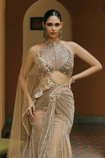 Label Moni K Gold Lycra, Net Halter Neck Rooh Embroidered Pre-draped Saree Set Online at Aza Fashions Label Moni K_Gold Lycra, Net Halter Neck Rooh Embroidered Pre-draped Saree Set _Online_at_Aza_Fashions
