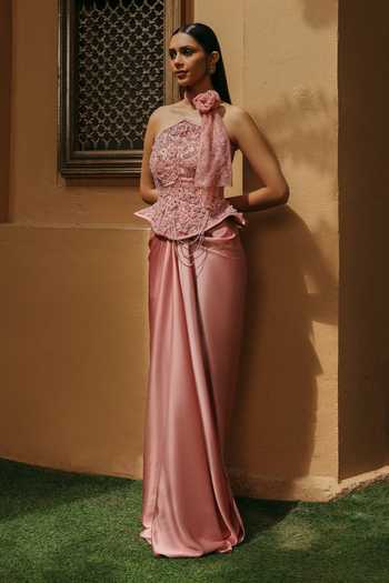 Buy Label Moni K Pink Satin, Net Halter , Choker Rozelle Embroidered Blouse And Skirt Set Online at Aza Fashions Buy_Label Moni K_Pink Satin, Net Halter , Choker Rozelle Embroidered Blouse And Skirt Set _Online_at_Aza_Fashions