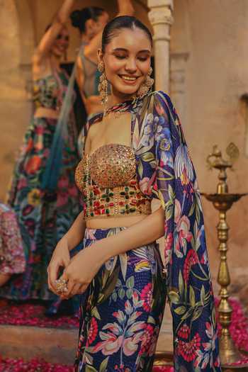 Label Moni K Blue Silk, Net, Chinon Sweetheart Neck Fiorella Printed Cape Lehenga Set Online at Aza Fashions Label Moni K_Blue Silk, Net, Chinon Sweetheart Neck Fiorella Printed Cape Lehenga Set _Online_at_Aza_Fashions