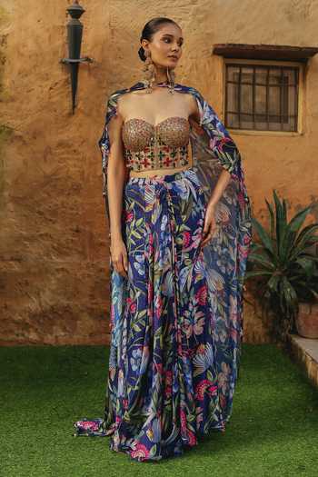 Buy Label Moni K Blue Silk, Net, Chinon Sweetheart Neck Fiorella Printed Cape Lehenga Set Online at Aza Fashions Buy_Label Moni K_Blue Silk, Net, Chinon Sweetheart Neck Fiorella Printed Cape Lehenga Set _Online_at_Aza_Fashions