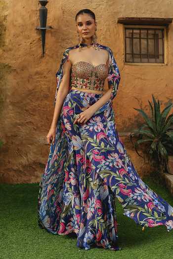 Label Moni K Fiorella Printed Cape Lehenga Set 