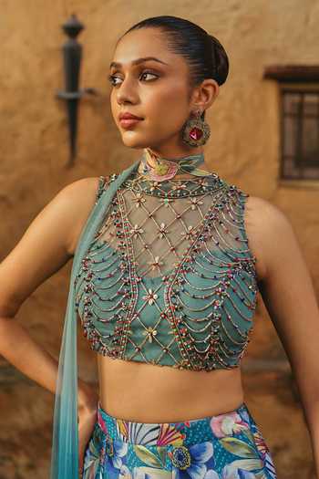 Label Moni K Blue Silk, Net, Chinon Halter Neck Nila Printed Lehenga Set Online at Aza Fashions Label Moni K_Blue Silk, Net, Chinon Halter Neck Nila Printed Lehenga Set _Online_at_Aza_Fashions