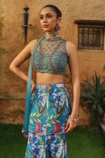 Buy Label Moni K Blue Silk, Net, Chinon Halter Neck Nila Printed Lehenga Set Online at Aza Fashions Buy_Label Moni K_Blue Silk, Net, Chinon Halter Neck Nila Printed Lehenga Set _Online_at_Aza_Fashions