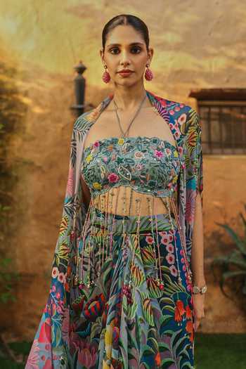 Label Moni K Multi Color Georgette, Net Bandeau Neck, Open Fleur Printed Jacket Lehenga Set Online at Aza Fashions Label Moni K_Multi Color Georgette, Net Bandeau Neck, Open Fleur Printed Jacket Lehenga Set _Online_at_Aza_Fashions