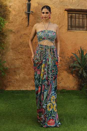 Shop Label Moni K Multi Color Georgette, Net Bandeau Neck, Open Fleur Printed Jacket Lehenga Set Online at Aza Fashions Shop_Label Moni K_Multi Color Georgette, Net Bandeau Neck, Open Fleur Printed Jacket Lehenga Set _Online_at_Aza_Fashions