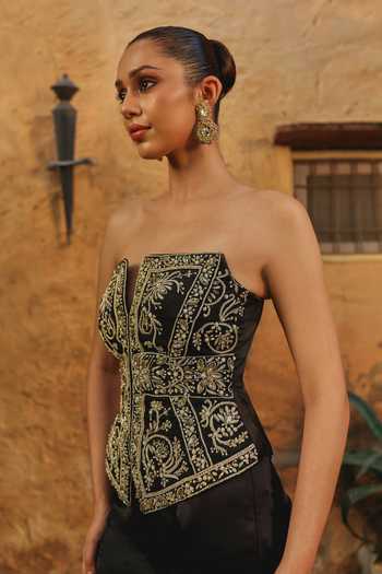Buy Label Moni K Black Satin Embroidery, Metallic Thread Bandeau Neck Misha Corset And Pant Set Online at Aza Fashions Buy_Label Moni K_Black Satin Embroidery, Metallic Thread Bandeau Neck Misha Corset And Pant Set _Online_at_Aza_Fashions