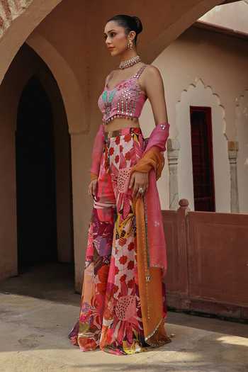 Label Moni K Multi Color Organza, Net Sweetheart Neck Calista Embroidered Blouse Pant Set Online at Aza Fashions Label Moni K_Multi Color Organza, Net Sweetheart Neck Calista Embroidered Blouse Pant Set _Online_at_Aza_Fashions