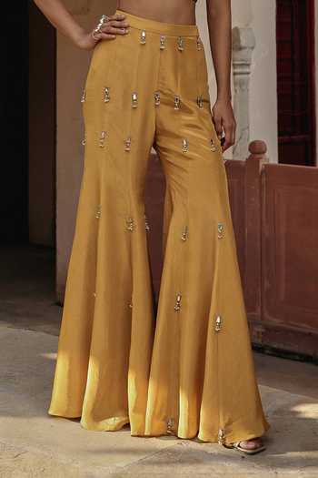 Label Moni K Yellow Silk, Tissue Sweetheart Neck Mirror Embroidered Long Cape Set Online at Aza Fashions Label Moni K_Yellow Silk, Tissue Sweetheart Neck Mirror Embroidered Long Cape Set _Online_at_Aza_Fashions