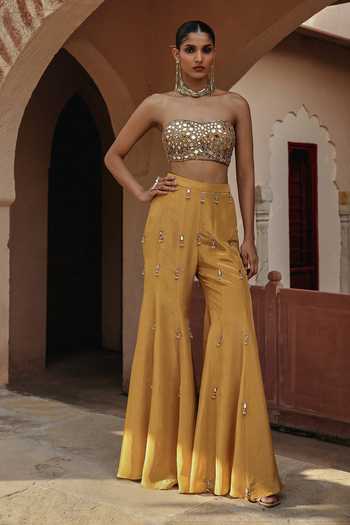 Buy Label Moni K Yellow Silk, Tissue Sweetheart Neck Mirror Embroidered Long Cape Set Online at Aza Fashions Buy_Label Moni K_Yellow Silk, Tissue Sweetheart Neck Mirror Embroidered Long Cape Set _Online_at_Aza_Fashions