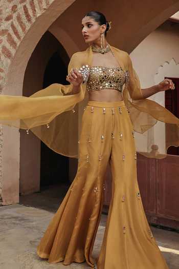 Shop Label Moni K Yellow Silk, Tissue Sweetheart Neck Mirror Embroidered Long Cape Set Online at Aza Fashions Shop_Label Moni K_Yellow Silk, Tissue Sweetheart Neck Mirror Embroidered Long Cape Set _Online_at_Aza_Fashions