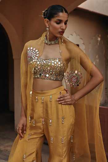 Label Moni K Yellow Silk, Tissue Sweetheart Neck Mirror Embroidered Long Cape Set at Aza Fashions Label Moni K_Yellow Silk, Tissue Sweetheart Neck Mirror Embroidered Long Cape Set _at_Aza_Fashions