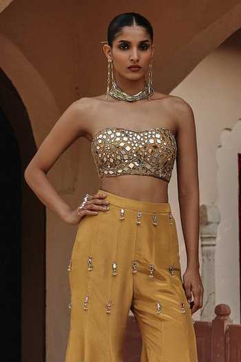 Buy Label Moni K Yellow Silk, Tissue Sweetheart Neck Mirror Embroidered Blouse And Flared Pant Set Online at Aza Fashions Buy_Label Moni K_Yellow Silk, Tissue Sweetheart Neck Mirror Embroidered Blouse And Flared Pant Set _Online_at_Aza_Fashions