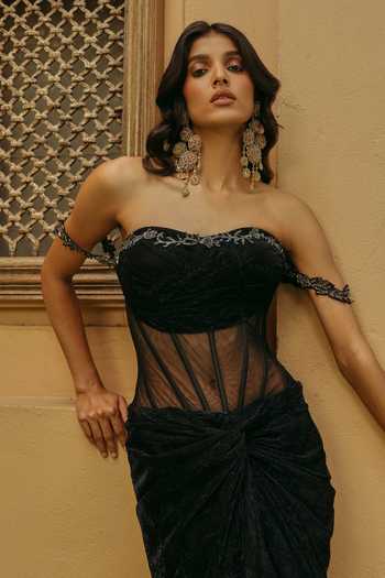 Buy Label Moni K Black Net, Lycra Embroidery Off-shoulder Ada Neckline Gown Online at Aza Fashions Buy_Label Moni K_Black Net, Lycra Embroidery Off-shoulder Ada Neckline Gown _Online_at_Aza_Fashions