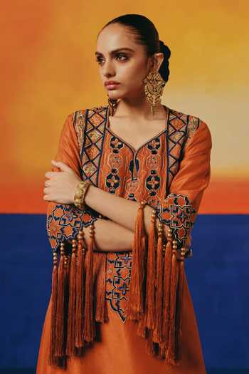 Warra_Orange Silk Split V-neck Yoke Embroidered Kaftan And Pant Set _Online_at_Aza_Fashions