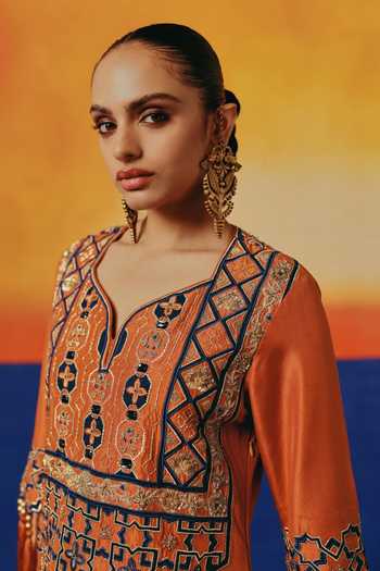 Buy_Warra_Orange Silk Split V-neck Yoke Embroidered Kaftan And Pant Set _Online_at_Aza_Fashions