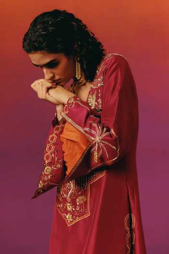 Warra Red Silk V-neck Embroidered Kaftan And Pant Set Online at Aza Fashions Warra_Red Silk V-neck Embroidered Kaftan And Pant Set _Online_at_Aza_Fashions
