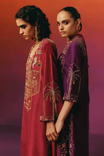 Buy Warra Red Silk V-neck Embroidered Kaftan And Pant Set Online at Aza Fashions Buy_Warra_Red Silk V-neck Embroidered Kaftan And Pant Set _Online_at_Aza_Fashions
