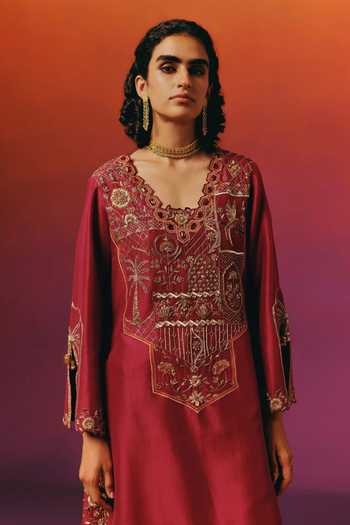 Shop Warra Red Silk V-neck Embroidered Kaftan And Pant Set Online at Aza Fashions Shop_Warra_Red Silk V-neck Embroidered Kaftan And Pant Set _Online_at_Aza_Fashions