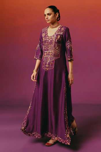 Warra Purple Silk V-neck Zari Work Kaftan And Pant Set Online at Aza Fashions Warra_Purple Silk V-neck Zari Work Kaftan And Pant Set _Online_at_Aza_Fashions