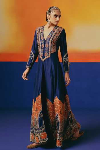 Warra Blue Silk, Dupion V-neck Hand Embroidered Anarkali Online at Aza Fashions Warra_Blue Silk, Dupion V-neck Hand Embroidered Anarkali _Online_at_Aza_Fashions