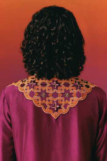 Warra Magenta Dupion, Tissue Notched Neck Embroidered Kurta And Palazzo Set Online at Aza Fashions Warra_Magenta Dupion, Tissue Notched Neck Embroidered Kurta And Palazzo Set _Online_at_Aza_Fashions