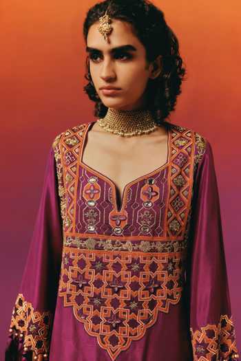 Shop Warra Magenta Dupion, Tissue Notched Neck Embroidered Kurta And Palazzo Set Online at Aza Fashions Shop_Warra_Magenta Dupion, Tissue Notched Neck Embroidered Kurta And Palazzo Set _Online_at_Aza_Fashions