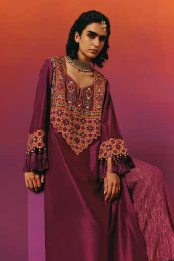 Warra Magenta Dupion, Tissue Notched Neck Embroidered Kurta And Palazzo Set at Aza Fashions Warra_Magenta Dupion, Tissue Notched Neck Embroidered Kurta And Palazzo Set _at_Aza_Fashions