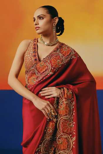 Buy Warra Red Silk V-neck Border Embroidered Saree With Blouse Online at Aza Fashions Buy_Warra_Red Silk V-neck Border Embroidered Saree With Blouse _Online_at_Aza_Fashions