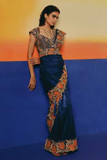 Warra Blue Silk Notched Neck Placement Embroidered Saree With Blouse Online at Aza Fashions Warra_Blue Silk Notched Neck Placement Embroidered Saree With Blouse _Online_at_Aza_Fashions