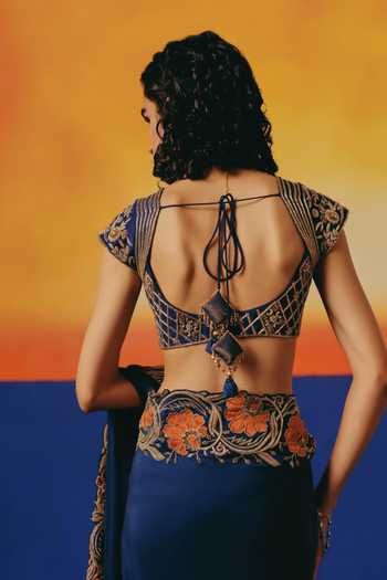 Buy Warra Blue Silk Notched Neck Placement Embroidered Saree With Blouse Online at Aza Fashions Buy_Warra_Blue Silk Notched Neck Placement Embroidered Saree With Blouse _Online_at_Aza_Fashions
