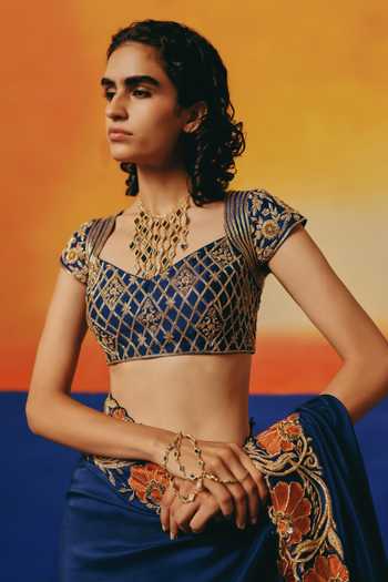 Warra Blue Silk Notched Neck Placement Embroidered Saree With Blouse at Aza Fashions Warra_Blue Silk Notched Neck Placement Embroidered Saree With Blouse _at_Aza_Fashions