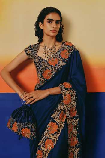 Buy Warra Blue Silk Notched Neck Placement Embroidered Saree With Blouse Buy_Warra_Blue Silk Notched Neck Placement Embroidered Saree With Blouse