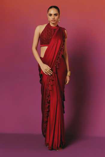 Warra Resham Border Embroidered Pre-Draped Saree With Blouse 