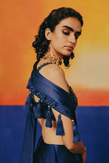 Warra Blue Satin Halter Neck Border Embroidered Pre-draped Saree With Blouse Online at Aza Fashions Warra_Blue Satin Halter Neck Border Embroidered Pre-draped Saree With Blouse _Online_at_Aza_Fashions