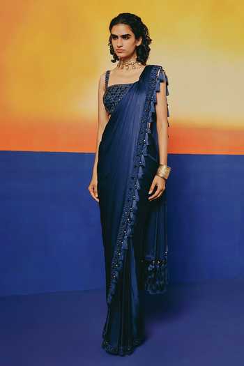 Buy Warra Blue Satin Halter Neck Border Embroidered Pre-draped Saree With Blouse Online at Aza Fashions Buy_Warra_Blue Satin Halter Neck Border Embroidered Pre-draped Saree With Blouse _Online_at_Aza_Fashions