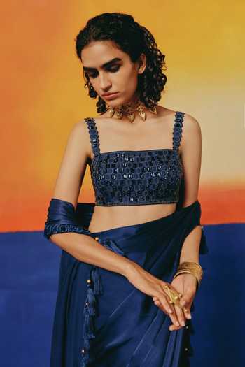 Shop Warra Blue Satin Halter Neck Border Embroidered Pre-draped Saree With Blouse Online at Aza Fashions Shop_Warra_Blue Satin Halter Neck Border Embroidered Pre-draped Saree With Blouse _Online_at_Aza_Fashions