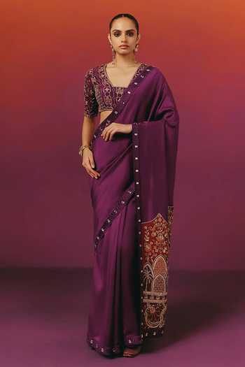 Warra Purple Silk Square Neck Dori Embroidered Saree With Blouse Online at Aza Fashions Warra_Purple Silk Square Neck Dori Embroidered Saree With Blouse _Online_at_Aza_Fashions