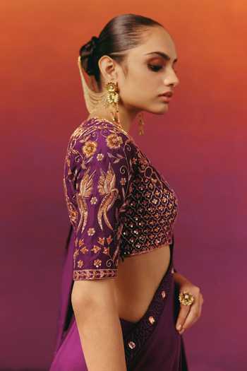 Buy Warra Purple Silk Square Neck Dori Embroidered Saree With Blouse Online at Aza Fashions Buy_Warra_Purple Silk Square Neck Dori Embroidered Saree With Blouse _Online_at_Aza_Fashions