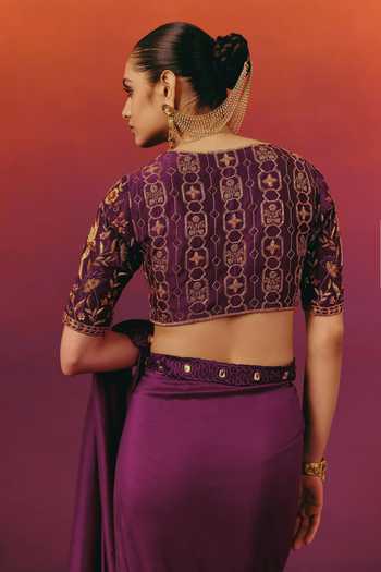 Warra Purple Silk Square Neck Dori Embroidered Saree With Blouse at Aza Fashions Warra_Purple Silk Square Neck Dori Embroidered Saree With Blouse _at_Aza_Fashions