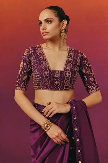 Buy Warra Purple Silk Square Neck Dori Embroidered Saree With Blouse Buy_Warra_Purple Silk Square Neck Dori Embroidered Saree With Blouse