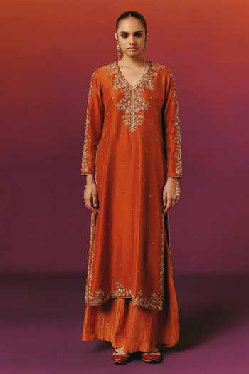 Warra_Orange Silk V-neck Pearl Work Kurta Palazzo Set _Online_at_Aza_Fashions