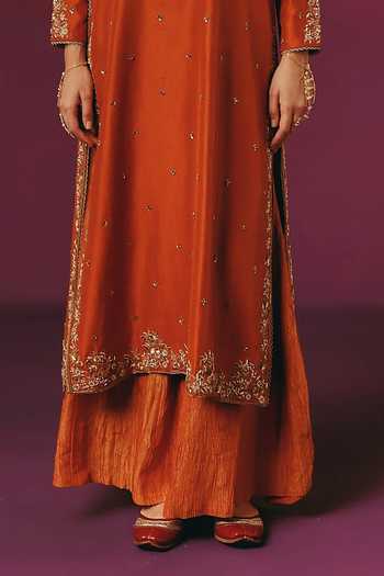 Buy_Warra_Orange Silk V-neck Pearl Work Kurta Palazzo Set _Online_at_Aza_Fashions