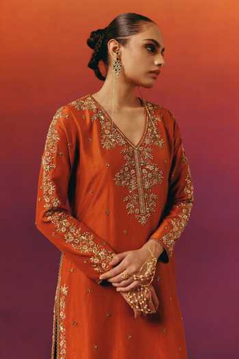 Shop_Warra_Orange Silk V-neck Pearl Work Kurta Palazzo Set _Online_at_Aza_Fashions