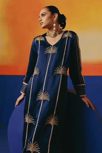 Warra Blue Linen, Bemberg V-neck Palm Trees Embroidered Kurta Set Online at Aza Fashions Warra_Blue Linen, Bemberg V-neck Palm Trees Embroidered Kurta Set _Online_at_Aza_Fashions