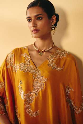 Buy Mrunalini Rao Yellow Silk V-neck Advaita Embroidered Kurta And Pant Set Online at Aza Fashions Buy_Mrunalini Rao_Yellow Silk V-neck Advaita Embroidered Kurta And Pant Set _Online_at_Aza_Fashions